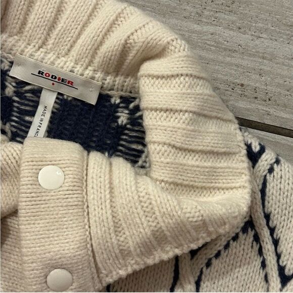 Rodier France Wool Cardigan Ivory Navy Diamond Pattern Sweater Collar Vintage L - Picture 11 of 12